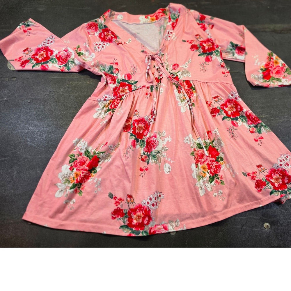 Pink Floral Lace Up V-Neck Babydoll Tunic Top XL Three Quarter Sleeve